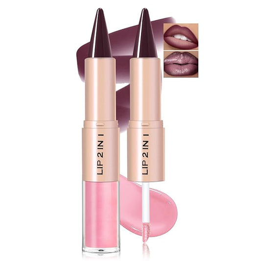 Lip Liner Gloss Lip Combo Set, 2 in 1 Lip Duo Plum Mauve Lip Liner Lipstick Glossy Nourishing Hot Pink Gloss Lip Kit, Smooth Quick Fuller Plumping Juicy Lip Makeup for Women11#Dusty Plum
