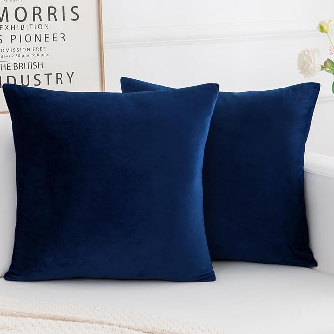 Velvet Decorative Throw Pillow Covers, Soft Square Cushion Case Home Decor for Living Room Couch Bed Sofa, Set of 2 Pack, Dark Blue, 20x20 Inch