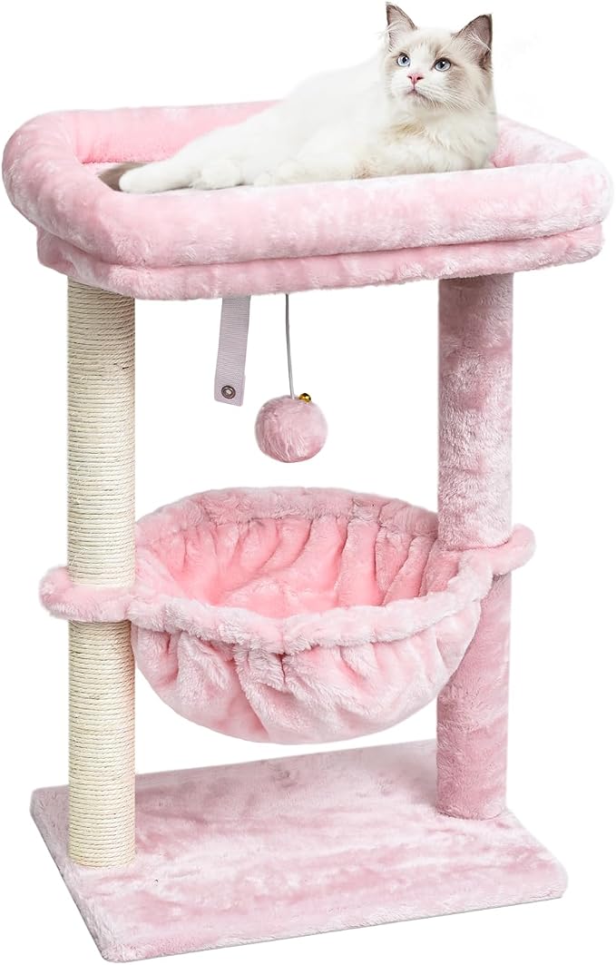 SYANDLVY Small Pink Cat Tree for Indoor Cats, Activity Tower for Kittens | Scratching Post, Modern Cat Furniture with Basket & Hanging Ball for Play Rest, Pink