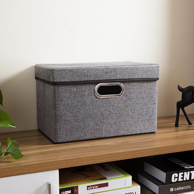 Foldable Storage Boxes with Lids [1-Pack] Linen Fabric Collapsible Storage Bins Organizer Containers Baskets Cube with Cover for Home Bedroom Closet Office Nursery (14.9x9.8x9.8)