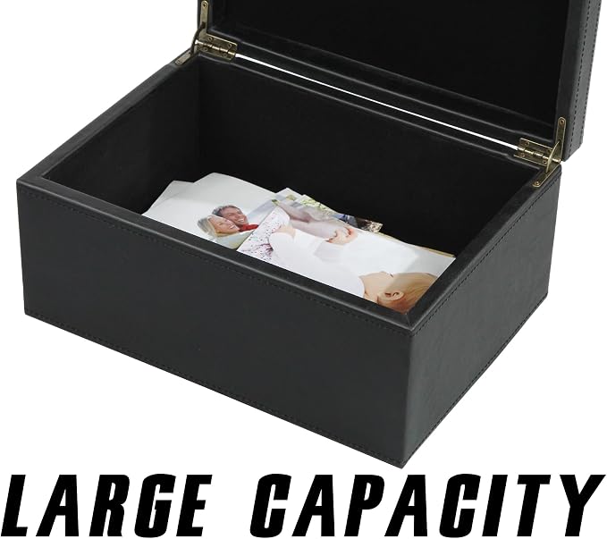 HofferRuffer Faux Leather Decorative Box, Large Wooden Structure Keepsake Box Accessory Organizer Jewelry Organizer with Hinged Lid, Storage Container for Home or Office (Black)