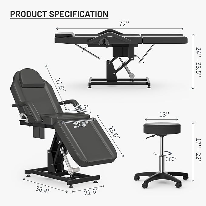 Electric Tattoo Chair with Stool Professional Spa Beds for Esthetician Chair Motorised Height Adjustment Facial Chairs for Esthetician Bed