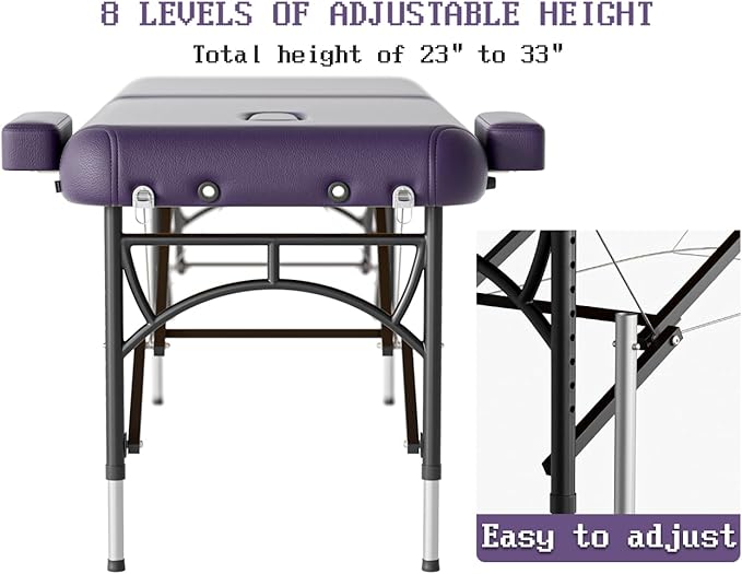 Professional Massage Table Portable 2 Fold Premium Memory Foam Aluminium Leg Hold Up to 1100LBS 8 Heights Adjustable with Carrying Bag Violet
