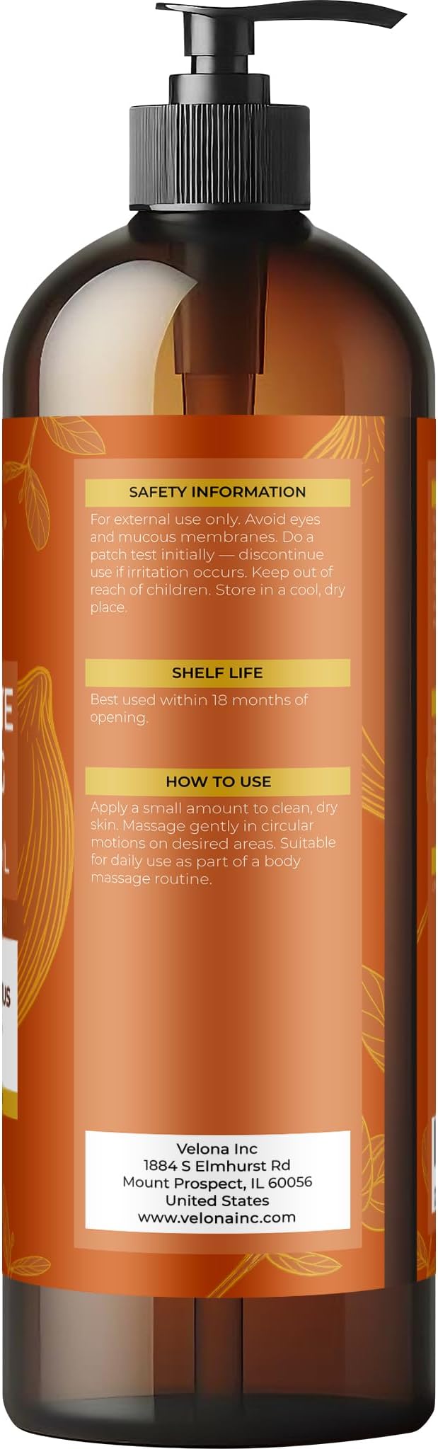 velona Cellulite Massage Oil – 16 Fl Oz | Vitamin E & Citrus Essential Oils | Massage Therapy for Legs & Body Oil | Moisturizing, Firming, Tightening, Smooth Skin | Professional Spa & Home Massage