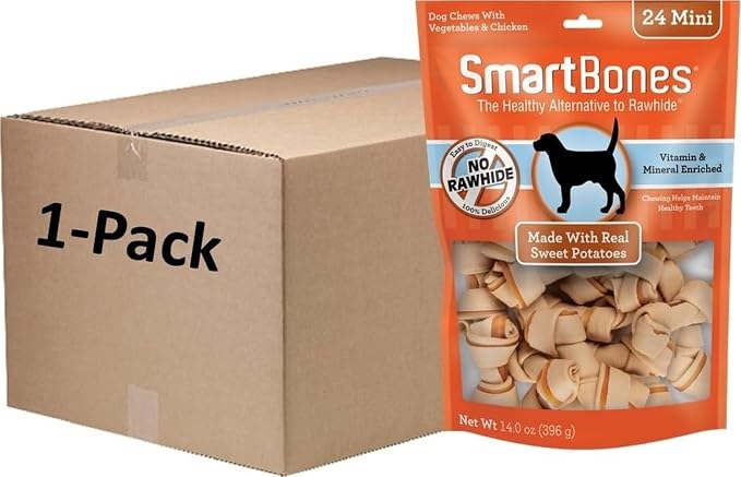SmartBones Mini Bones Rawhide-Free Dog Treat, Real Sweet Potato, 24 Count | With Real Sweet Potatoes & Chicken, Easy To Digest Chew, Vitamin & Mineral Enriched, Supports Dental Health, For Small Dogs