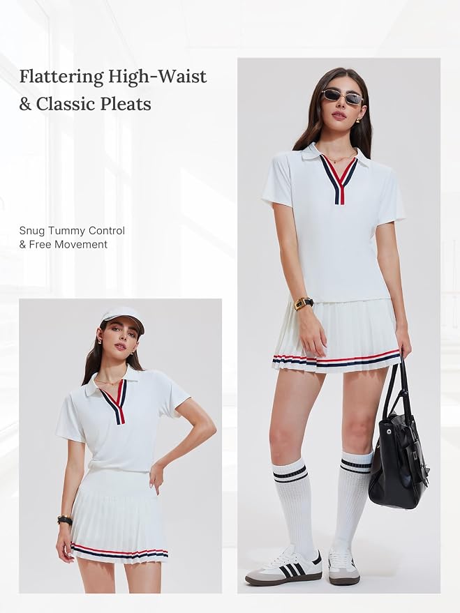 Women 2 Piece Tennis Skirt Set Pleated Golf Outfit, Polo V-Neck Athletic Dress Alternative Skort Set for Pickleball Pockets