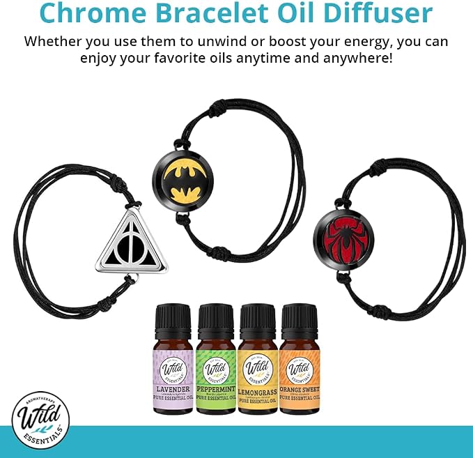 Wild Essentials Spider Essential Oil Bracelet Diffuser Gift Set, Pendant, Nylon Band, 12 Pads, Lavender, Lemongrass, Orange, Peppermint Oils, Customize Color Changing Perfume Jewelry, Aromatherapy