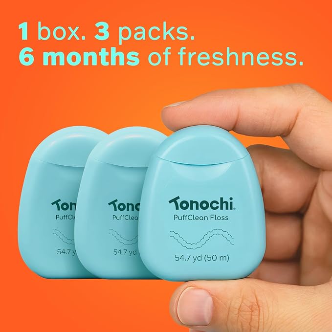 Tonochi PuffClean Expanding Dental Floss, Natural Beeswax Coating — Expands When Wet, Smooth Glide, Gentle on Gums, Mint + Xylitol Freshness, 3-Pack (55 yd Each)