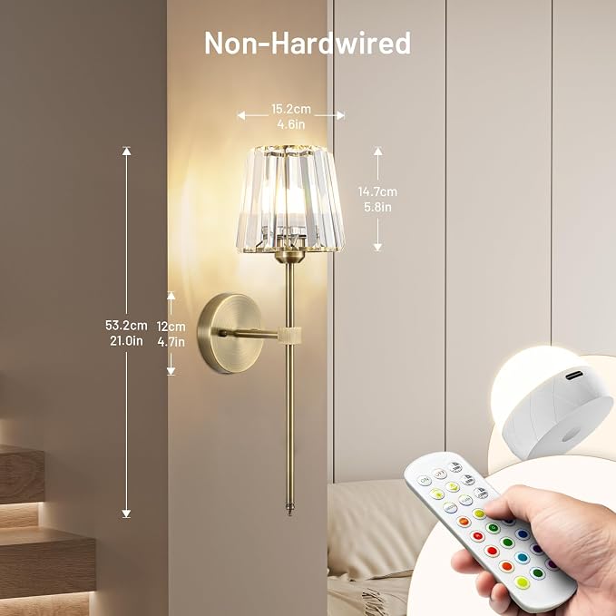 Crystal Battery Operated Wall Sconces Set of 2, Brass Rechargeable Wireless Wall Lights with Crystal Lampshade, 12 RGB and 3CCT Dimmable Wall Lamp with Remote for Bedroom Living Room Hallway