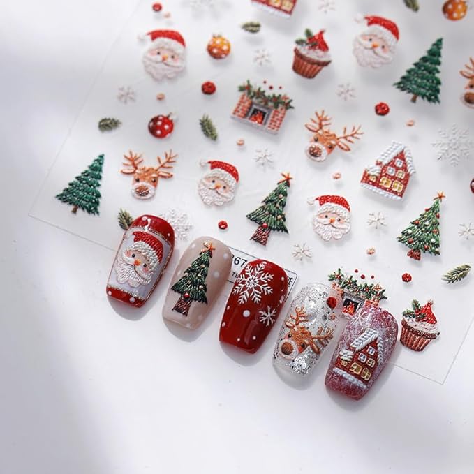 Christmas Nail Stickers for Nail Art, 5D Self-Adhesive Trees Cake Nail Decals, Mushroom Nail Supplies Nail Art Design Accessories for Women and Girls Manicure DIY Decoration