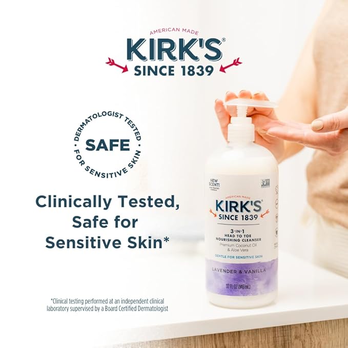 Kirk's 3-in-1 Head to Toe Nourishing Liquid Cleanser- for Men, Women & Children - Premium Coconut Oil & Aloe Vera- Non GMO & Vegan - Lavender and Vanilla - 32 Fl Oz. - 2 Pack