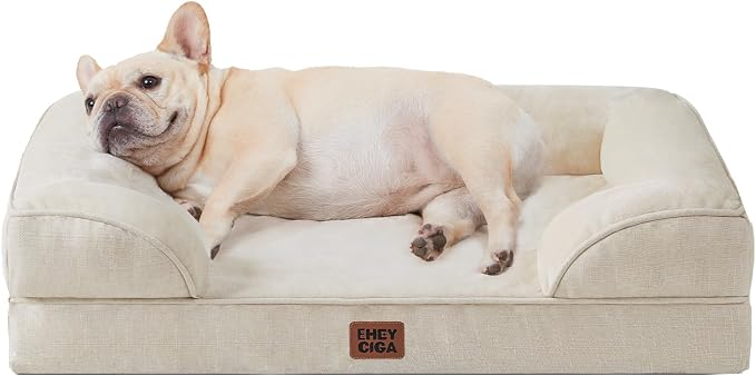EHEYCIGA Orthopedic Small Dog Bed, Waterproof Memory Foam Washable Pet Beds | Non-Slip Bottom and Egg-Crate Foam Medium Pet Couch Bed with Washable Removable Cover, Beige