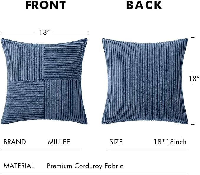 MIULEE Dusty Blue Decorative Throw Pillow Covers for Couch 18x18 Inch | 2 Pack, Boho Farmhouse Pillow Covers, Soft Cross Corduroy Patchwork Textured Cushion Cases For Bed Sofa