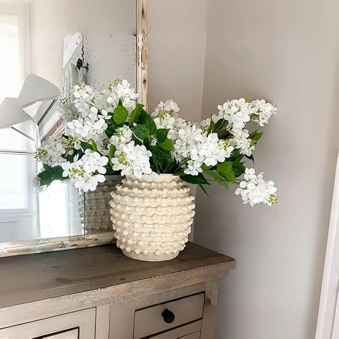 DN DECONATION Beige Flower Vase, 8.2" Farmhouse Boho Vase for Home Decor | Textured Rustic Vase, Cement Decorative Vases with Rope Knots for Living Room, Table Centerpiece, Shelf, Mantel Decoration