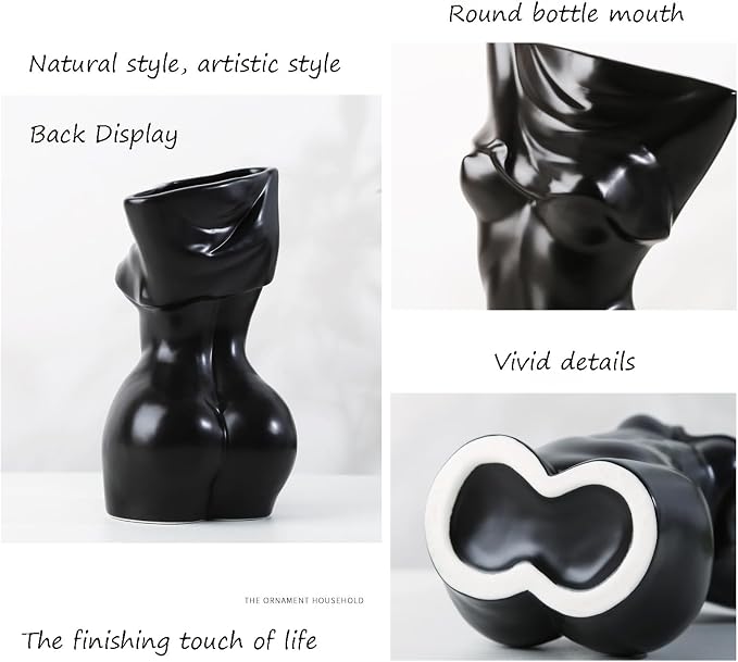 Black Female Body Vase - Unique Undressing Ceramic Flower Planter, Modern Curved Art Sculpture for Home Decor, Table, Shelf & Desk 7.68inches (Black)
