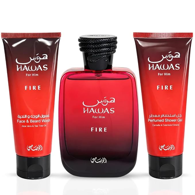 RASASI Hawas Fire For Men 3 Piece Gift Set Eau De Parfum Spray, Face & Beard Wash & Shower Gel 100ml (3.4 Oz)