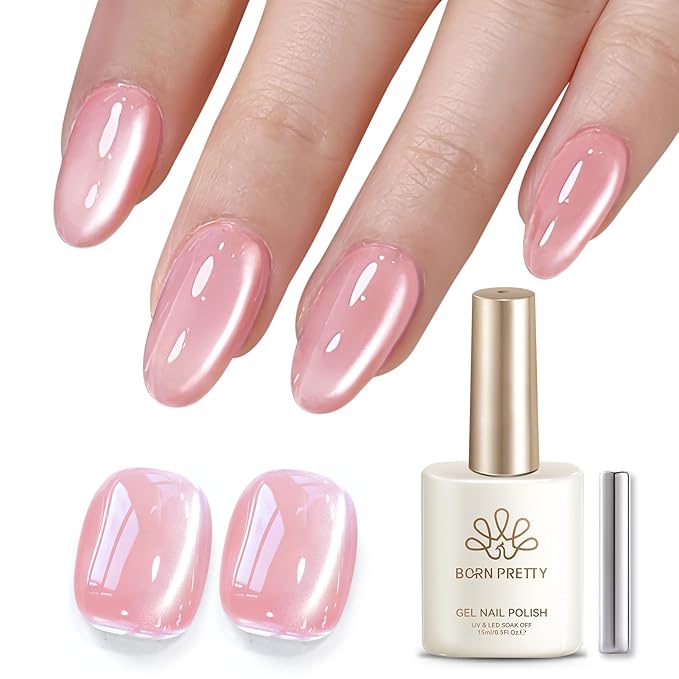Born Pretty Cat Magnetic Eye Gel Nail Polish,15ML Water Light Soft Pink Magnetic Gel Polish Jelly Glass Crystal Nail Polish Glitter Shimmer Auroras Gels Nail