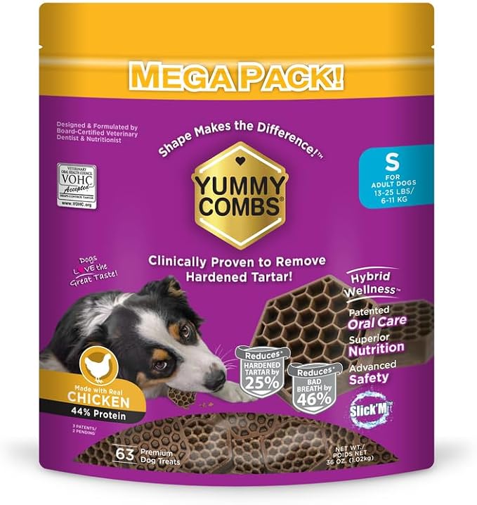 Yummy Combs Dog Dental Treats – Vet VOHC Approved – Delicious Chicken Protein – Removes Tartar with Cleaning Comb Shape – Dental Dog Treats for Small Dogs (36oz, 63 Count)