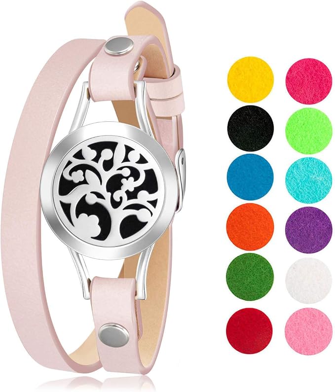 Wild Essentials Arbol Tree Essential Oil Leather Wrap Bracelet Diffuser, Gift Set, Lavender, Lemongrass, Peppermint, Orange Oils, 12 Pads, Customize Color Changing Perfume Jewelry, Aromatherapy, Pink