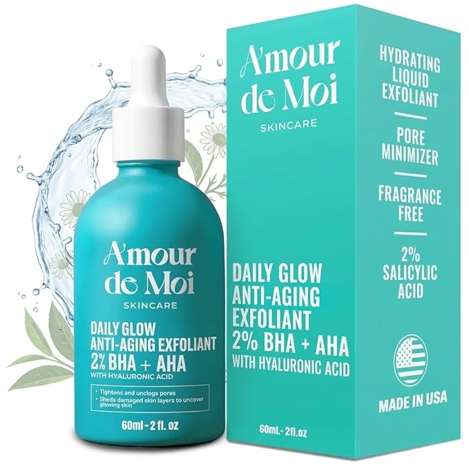 Amour de Moi 2% BHA AHA Liquid Salicylic Acid Exfoliant - Gentle Peel, Pore Minimizer, Face Exfoliator for blackheads, wrinkles with Hyaluronic acid - Fragrance-Free Hydrating for All Skin Types, 2oz