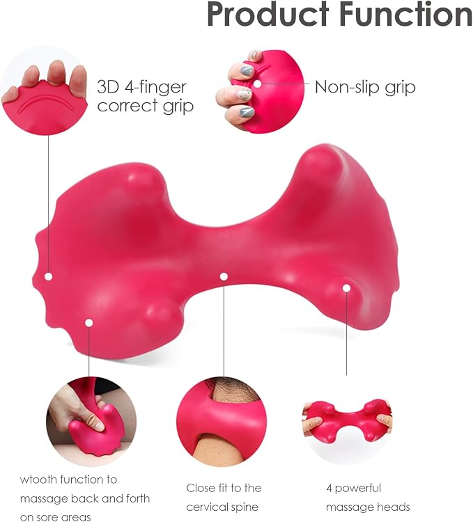 Manual Portable Neck and Cervical Massager Office Acupressure Head and Neck Fatigue Relief Massage (Rose red)