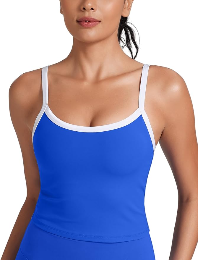 HeyNuts Vintage Color-Block Strappy Crop Tank Top for Womens, Cute Contrasting Trim Yoga Longline Sports Bras Padded A-D Cups