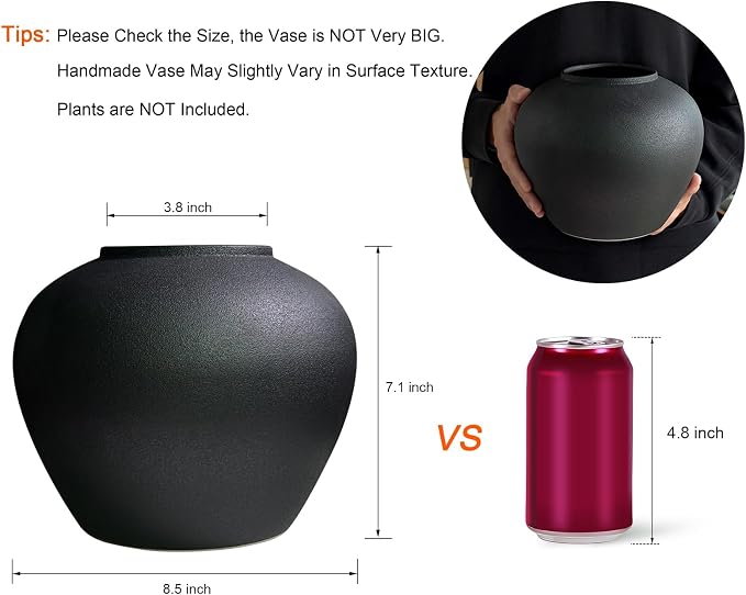 GeLive Black Ceramic Vase 7 Inch Round Farmhouse Rustic Flower Vase for Fresh/Dried Plants Table Centerpiece Minimalist Home Decor Handmade Pottery Planter Pot