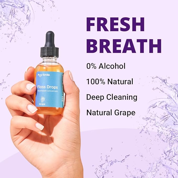 Puur Smile Concentrated Floss Drop Serum – 2oz Concentrated Mouth Wash to Use in Water Flosser | Natural Essentials Promotes Good Breath | Organic Drop Provides Good Oral Health (Grape Flavor)