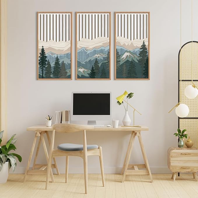 IARTTOP Large Mountain Wood Wall Art Framed Decor Set of 3, Modern Mountain Landscape Wall Art Nature Artwork Wall Decor for Bedroom, Living Room, Office-16 x32
