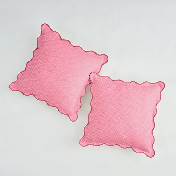 Scalloped Throw Pillow Covers | Decorative Couch Pillows | Boho Sytle for Living Room | for Valentines Day (Pink, 20x20 Inch)