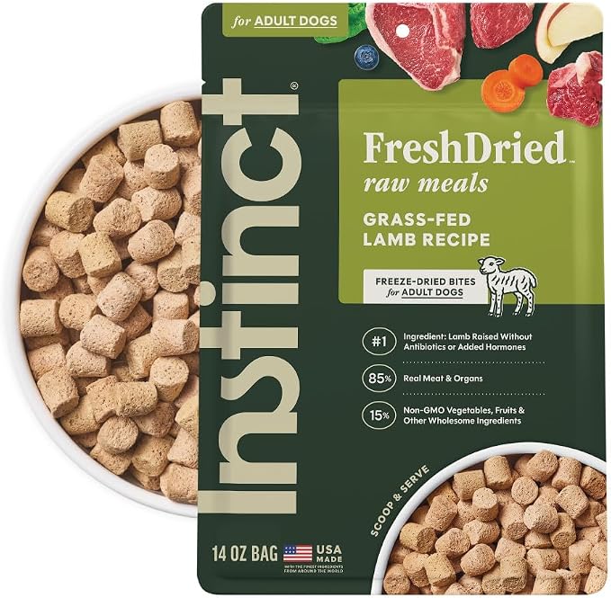 Instinct Freeze Dried Meals, Natural Dog Food, Grass-Fed Lamb, 14 oz. Bag | FreshDried raw, 85% meat & organs, 15% non-GMO vegetables, fruits & other wholesome ingredients, supports overall vitality