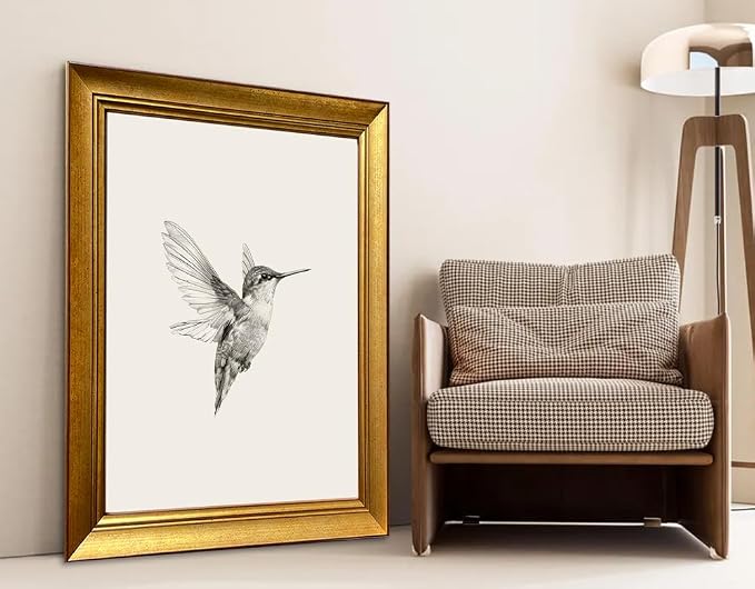 Gold Framed Wall Art Hummingbird Painting Vintage Bird Picture Wall Decor Nursery Canvas Print Neutral Minimalist Artworks for Bedroom Living Room Home Decoration