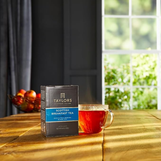 Taylors of Harrogate Scottish Breakfast Black Tea Individually Wrapped Bags, 50 Count (Pack of 1), Strong, Malty and Full, Caffeinated, Enjoy Hot or Iced, 50 Teabags