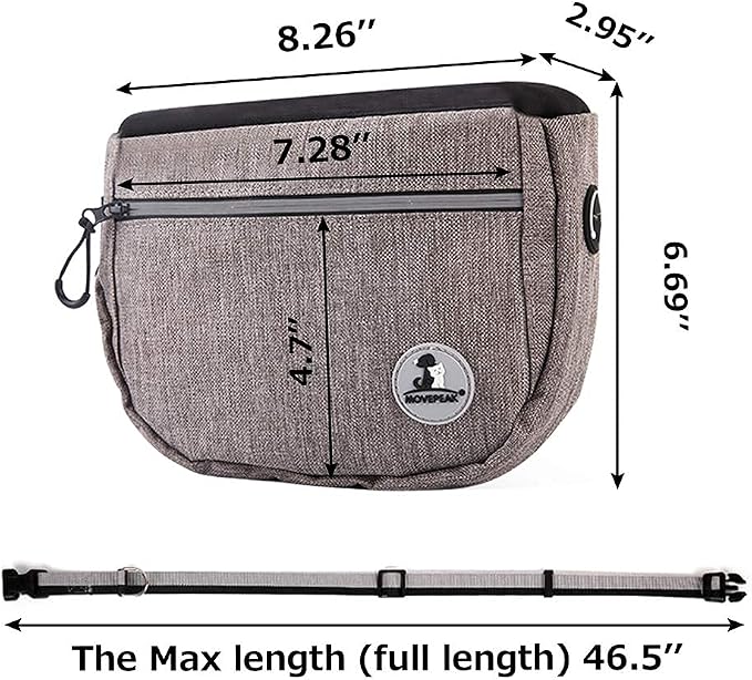 Pet Dog Treat Pouch Waist Bag, Auto Closing Waterproof Oxford Adjustable Training Belt Bags with Poop Bag Dispenser + Dog Collapsible Bowl for Dog Cat Running, Walking, Feeding (Grey)