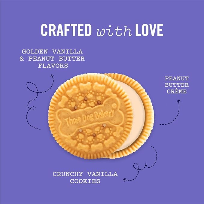 Three Dog Bakery Lick'n Crunch! Dog Treats - 13 oz | Golden Vanilla & Peanut Butter Sandwich Cookies - Crunchy Treats with Peanut Butter Creme