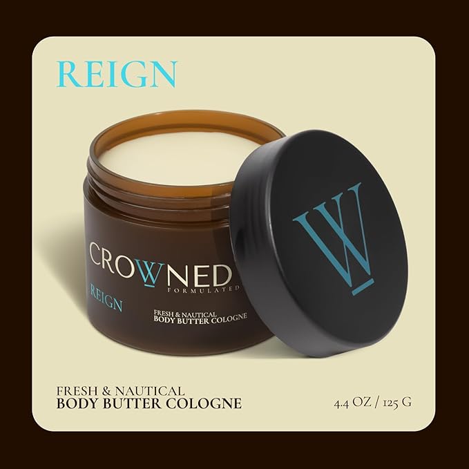 Crowned Skin Reign Cologned Body Butter | Fresh & Nautical Scent | Blended with Pink Pepper & Bergamot | Infused with Organic Shea & Mango Butters | Moisturizing Formula with All-Day Fragrance | 4.4oz