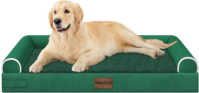 Orthopedic Dog Bed for Large Dogs, 36 x 27 Inch, Emerald | Egg crate foam for joint support, 3-sided bolster pet sofa, waterproof lining, washable cover, and non-skid base