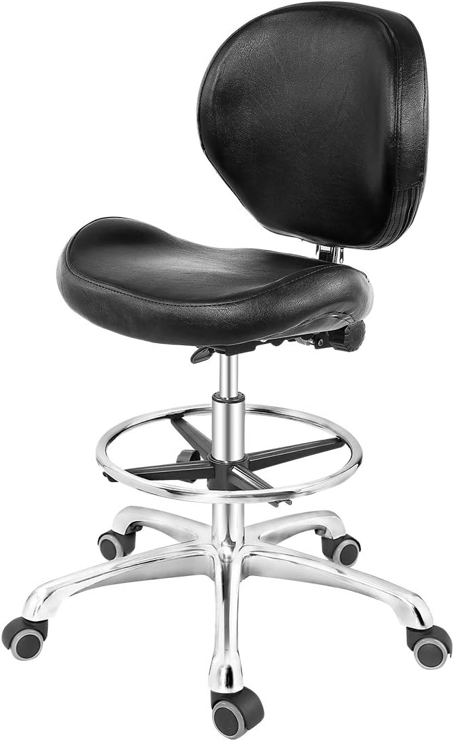 Grace&Grace Drafting Chair Adjustable Tall Shop Stool, Rolling Chair with Backrest and Footrest for Computer, Studio, Workshop, Classroom, Lab, Counter, Home Office (Black)
