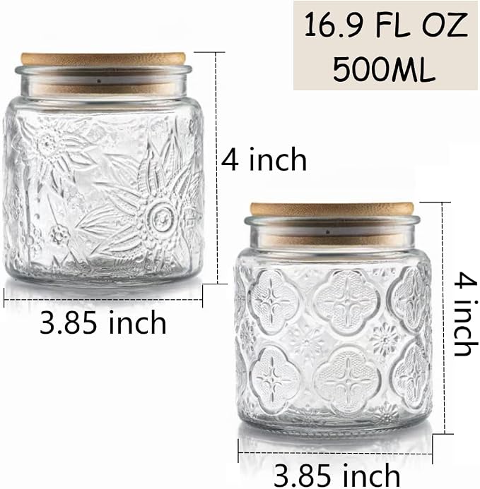 Set of 4 Vintage Glass Airtight Storage Jars, 17 FL OZ Glass Storage Containers with Bamboo Lids, Canning Jar for Kitchen Counter, Pantry, Cookie, Coffee, Tea, Sugar, Cute Jars | Glass Food Storage Containers for Coffee, Tea, Sugar, Candy, Cookie, Over...