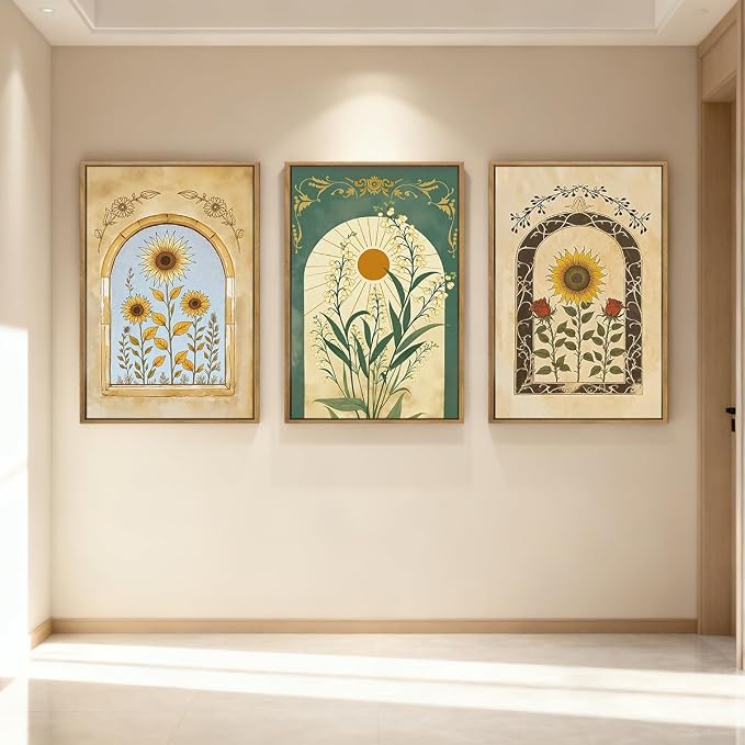 ANHUIB Vintage Boho Floral Wall Decor 16x24 Inch Bohemian wall art Botanical Wall Art Earthy Sunflower Illustration Set of 3 for Living Room Bedroom Office