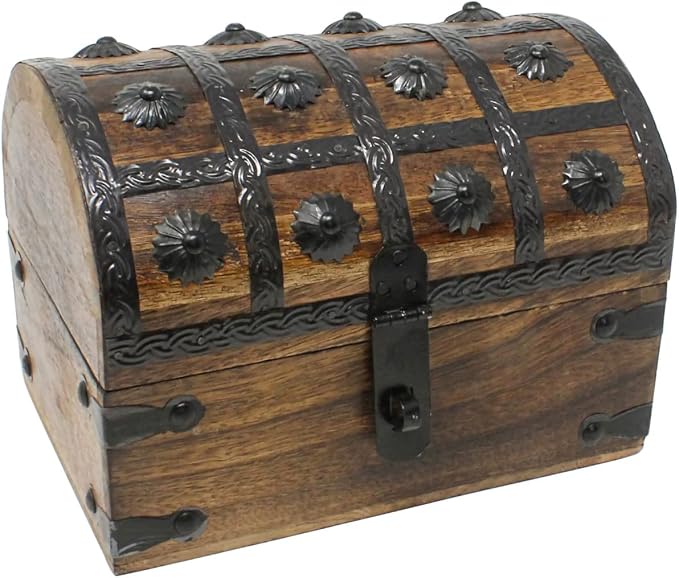 Treasure Chest Keepsake and Decorative Wood Box (Large 8x6x6) - Storage Box, Wooden Box with Hinged Lid, Rustic Storage, Pirate Storage Box, Vintage Wooden Chest