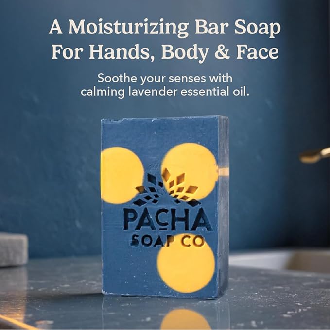 Pacha Soap Co. Bar Soap, Bright Bubbles Bundle, 3-Pack (4 oz ea) - Jasmine Gardenia, Lavender & Blue Tansy, & Pachafetti - Premium, Handcrafted, Hydrating, Natural Face Wash, Soothing Essential Oils