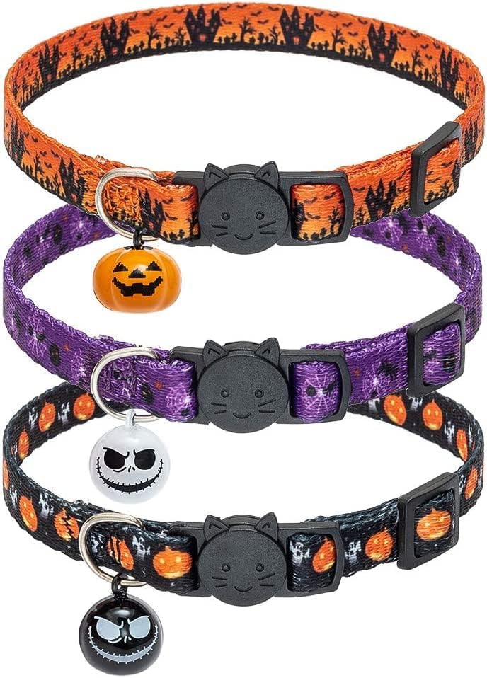 KOOLTAIL Halloween Cat Collar with Bells - 3 Pack Breakaway Cat Collar with Pumpkin Ghost Patterns Safety Buckle Kitten Collars, Adjustable Cute Pet Collar for Boys and Girls Holiday Costume Orange
