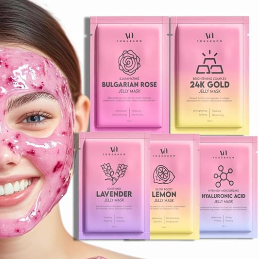 VogueNow Jelly Mask for Facials - 5 Flavors Hydrating & Brightening Jelly Face Masks | Bulgarian Rose, Lavender, Hyaluronic Acid, 24K Gold face mask skin care |Vajacial Jelly Mask