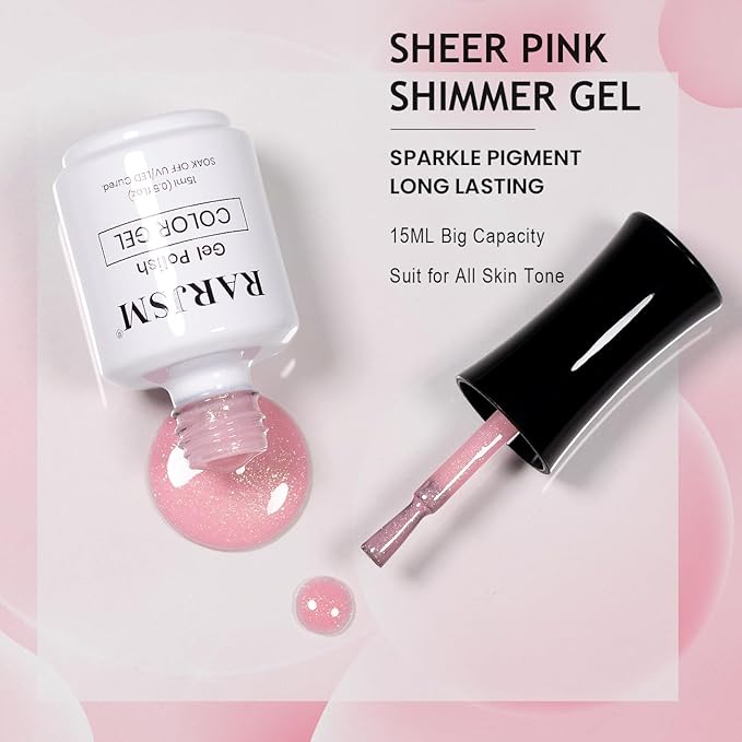 RARJSM Nude Sheer Pink Rainbow Glitter Gel Nail Polish Chunky Gold Iridescent Sparkle Shimmer Diamond Jelly Transparent Pink Gel Polish Single Bottle Soak off UV LED Cured for Home Salon Manicure 15ML