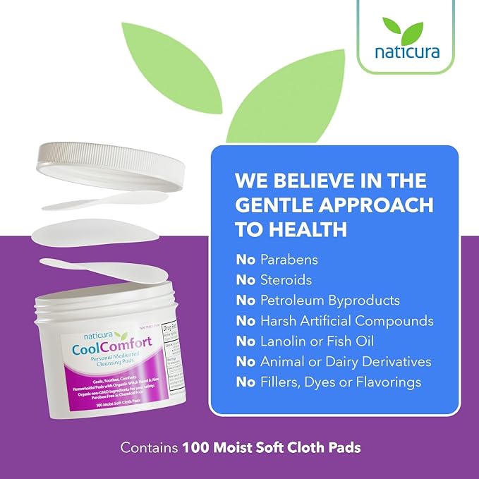 CoolComfort Personal Cleansing Pads with Organic Witch Hazel and Aloe Vera - All Natural and Fast Acting Wipes for Hemorrhoid Burning, Itching, Pain and Swelling - 100 Pads - No Parabens - Made in USA