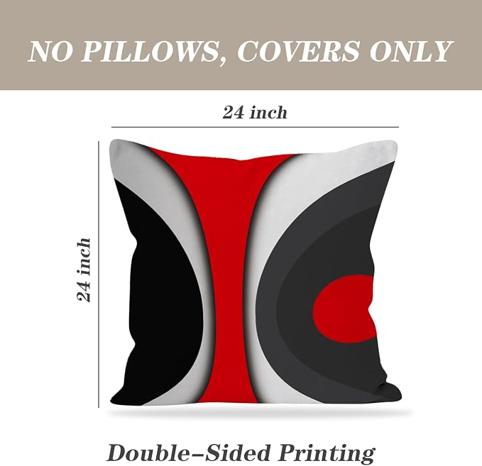 Modern Art Geometric Pillow Cover, Decorative Throw Pillow Covers Black Red Abstract Artwork Cushion Cover for Bedroom Sofa Living Room 24 x 24 Inch Set of 2