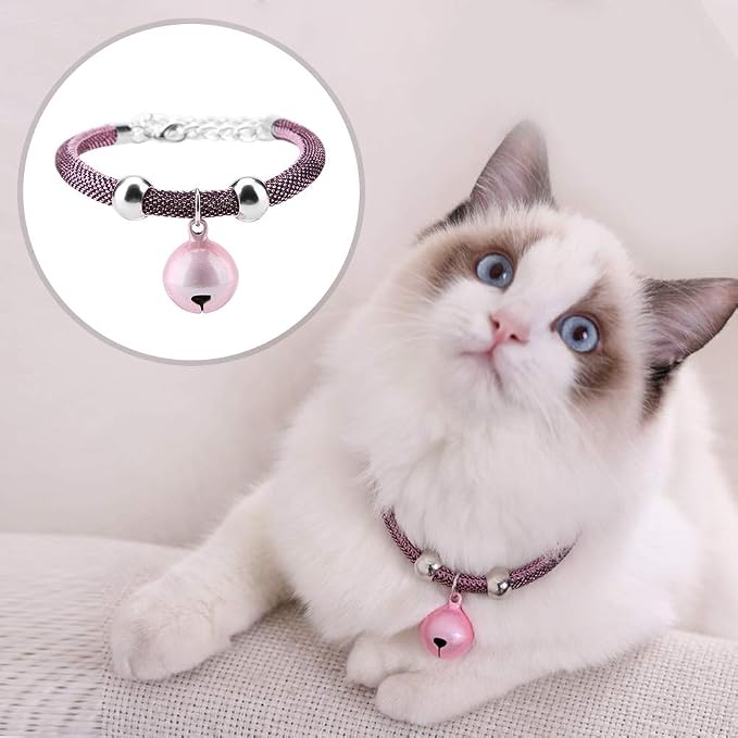 Japanese Pets Cat Collar, Adjustable Kitty Kitten Necktie Nylon Necklace Grooming Accessories Pet Supplies with Bell Extension Chain for Wedding Party Birthdays Photoshot (Pink)