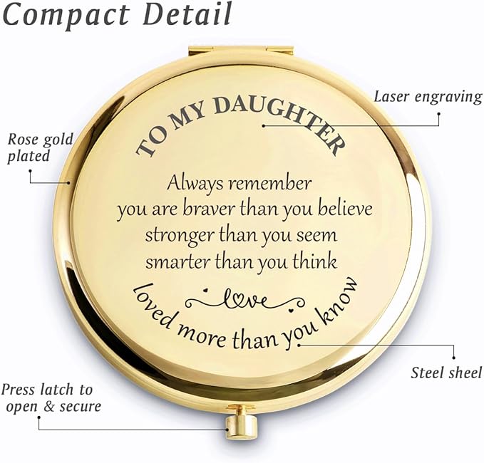 Daughter Gifts from Mom Dad, Personalized Gift for Daughter, Custom Compact Mirror, Goodie Bag & Basket Stuffers for Valentines Day, Mothers Day, Graduation, Birthday, Wedding