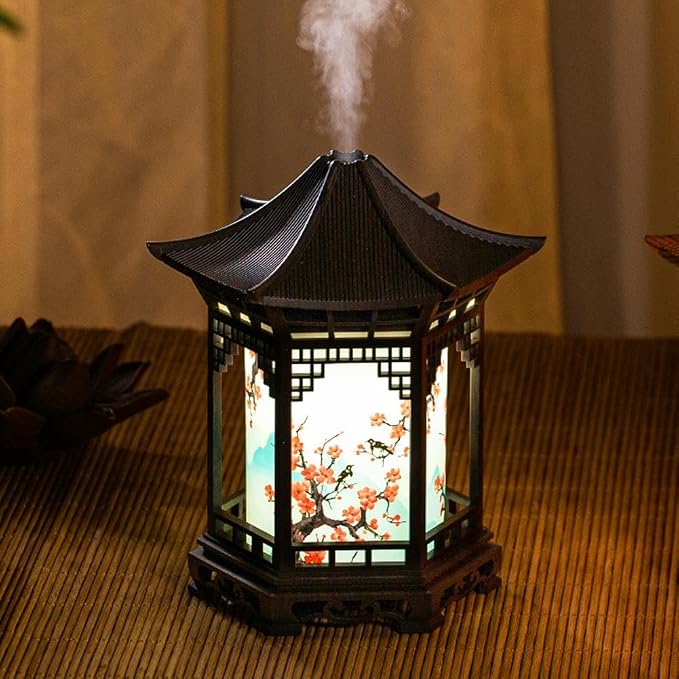 Zen Pavilion Lantern Aroma Diffuser & Night Light,2-in-1 160ml Essential Oil Diffuser with 2 Mist Modes,Zen Garden Humidifier Chinese-Style Decorative Night Light for Yoga, Meditation (Brown)